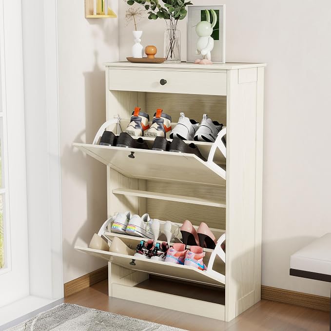 Wooden Shoe Rack with 2 Flip Drawers, Entryway Shoe Storage Cabinet | Freestanding Modern Shoe Organizer with Adjustable Shelves, Small Closed Shoe Rack Cabinet for Front Door Entrance,Light Oak