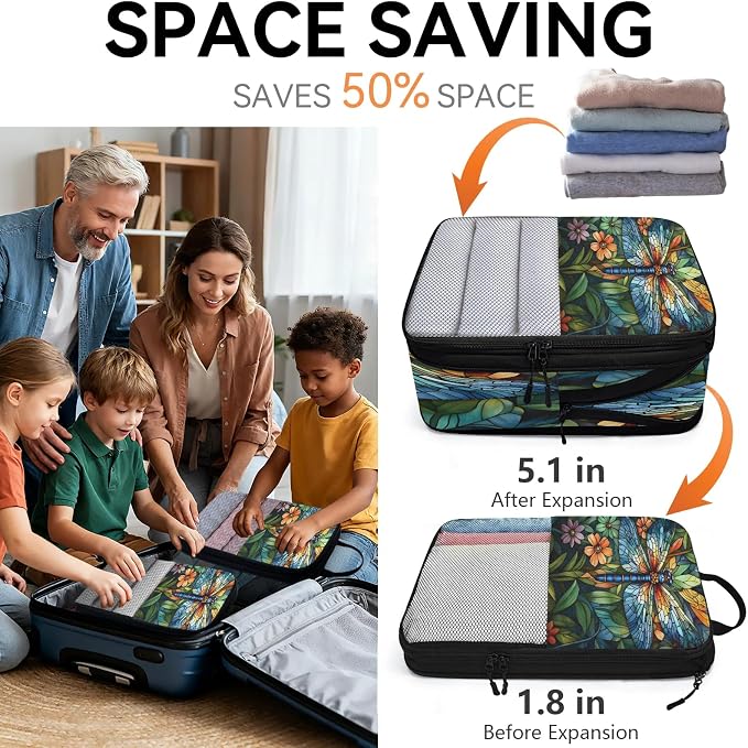 Dragonfly 6 Set Compression Packing Cubes Floral Expandable Packing Organizer for Travel Accessories Luggage Suitcase Bag