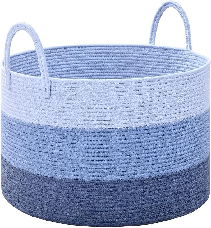 67L Large Woven Blanket Basket, Cotton Rope Baby Laundry Hamper with Handles, Kids Toy Basket for Classroom & Nursery, Soft Round Stuffed Animal Storage, Dog Toy Bin - 20"x13", Blue