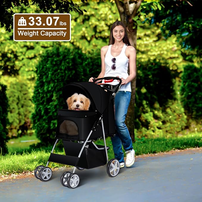Foldable Pet Stroller 4 Wheels for Small Medium Dogs Cats,Black | Small/medium dogs,cats. Breathable Storage& cup holder.Lightweight,portable,all-season for smooth strolls