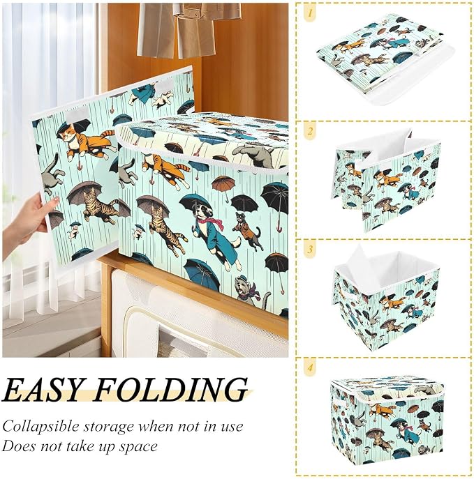 Storage Box Cats and Dogs Storage Bins with Lids, Larger Collapsible Fabric Storage Baskes with Handles for Living Room, Playroom, Bedroom, Nursery 16.5x12.6x11.8 Inch