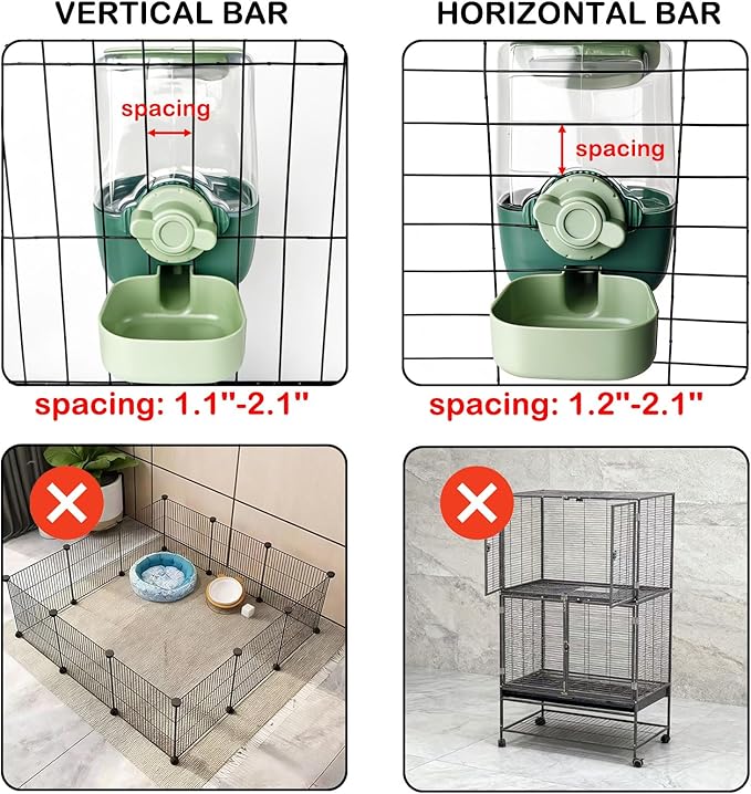 Rabbit Water Bottle, 34oz Pet Hanging Water Dispenser, Cat Water Feeder for Small Animal Ferret Guinea Pig Chinchilla Small Dog Cage Grid Spacing 1.2''-2.1'' (Green)