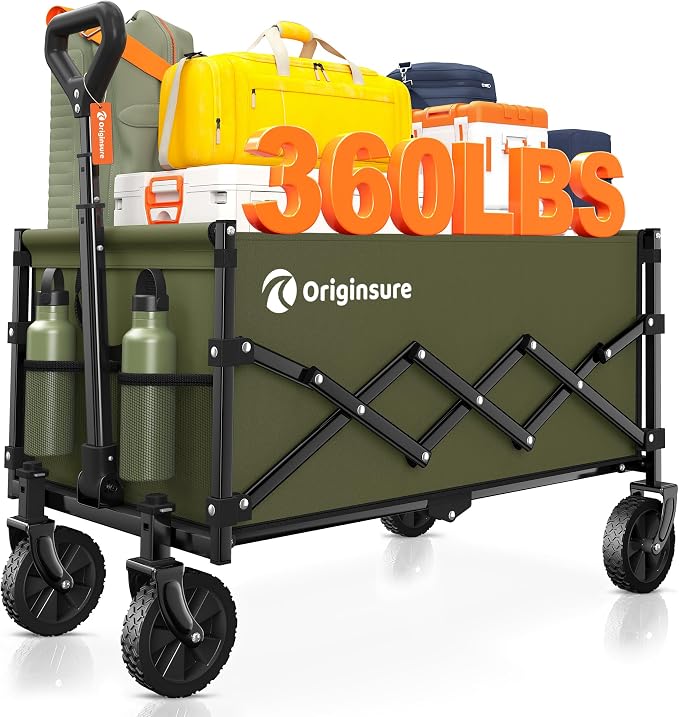 Originsure 110L Portable Collapsible Wagon Cart, 360lbs Heavy Duty, Green | All-Terrain Wheels,Solid Steel Frame,Adjustable Handle,Compact&Space-Saving,Utility for Camping,Sports,Grocery,Garden