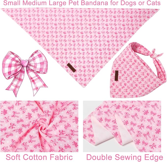 Pink Bow Dog Bandana, Bowtie Puppy Bandana for Girl Female Dogs, Soft Cotton Pet Triangle Bid Scarf Kerchief for Girl Boy Dogs or Cats