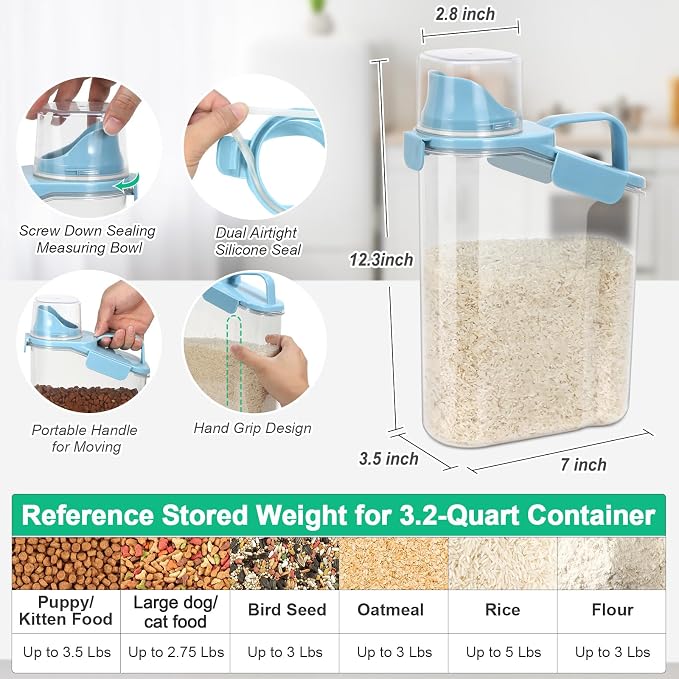 TBMax 2 Pack Rice Container Cereal Storage Container 3.2 Quarts, Kitchen Pantry Dry Food Storage Holder with Easy-Pouring Spout & Handy Cup, Small Pet Dog Cat Food Dispenser for Daily Feeding