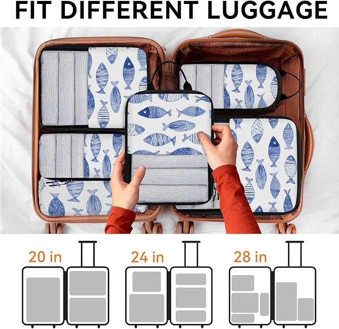 TropicalLife Nautical Fish Print 6 Set Compression Packing Cubes | Compressible Expandable Luggage Suitcase Organizer Bags Space Saver Bags for Carry on
