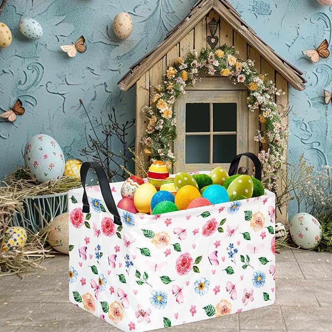 Pink Floral Storage Basket for Girls Room, Foldable Toy Organizer Bin | Pink Floral & Bow Design with Cotton Linen Fabric, Waterproof Lining, Leather Handles and Foldable Style for Girls’ Storage