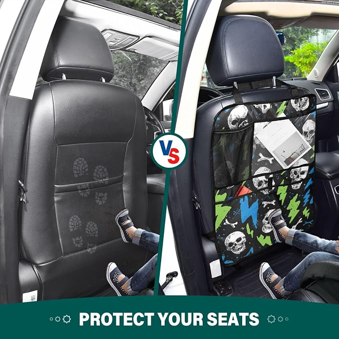 1 Pack Back Seat Car Organizer with Storage Pockets Kick Mats Back Seat Protector Hanging Car Organizer Automotive Seat Back Cover Organizers Skull Lightning Colorful