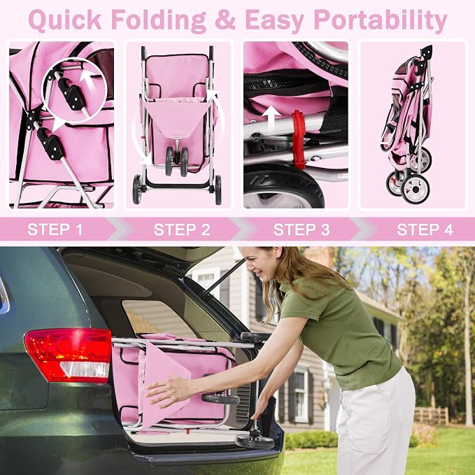 BLKMTY Folding Dog Stroller, 3 Wheels Pet Stroller, Foldable Cat Strollers Waterproof Travel Carrier Strolling Cart for Puppy Jogger with Cup Holder & Storage Basket, Pink