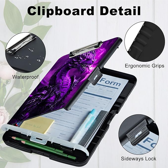 Purple Flaming Dragon A4 Clipboard with Storage Pen Holder, Clipboards Organizer Nursing Clipboard Foldable File Folder Plastic Clipboard Folio Clip Board for Office Students Classroom