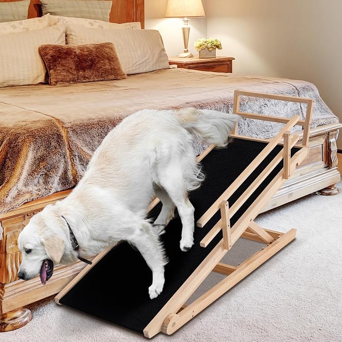 Dog Ramp for Bed & Couch, Foldable Wooden Pet Ramp, 5 Adjustable Heights | Height up to 23.5", Portable Dog Ramp with Non-Slip Rubber Surface & Safety Railings, Pet Ramp for Small, Large, Senior Dogs