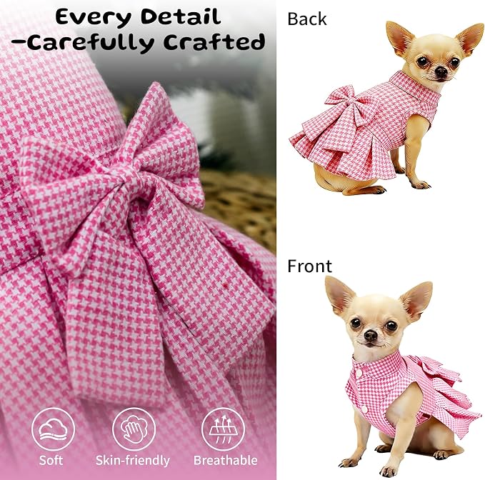 Classic Plaid Dog Dress with Bow Tie for Small Dogs Cats Girls, Cute Puppy Dresses Clothes with Bowknot Chihuahua French Bulldog Pet Apparel Outfits (Strawberry Pink, Medium)