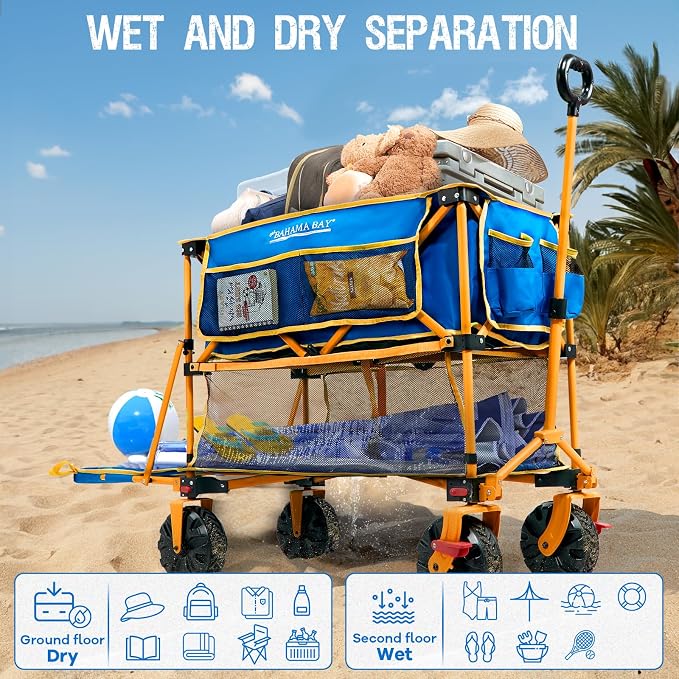Old Bahama Bay 400L Collapsible Double Decker Beach Wagon with Brakes, Folding Beach Cart with 54" Extra Long Decker, 450LBS Heavy Duty Wagon Chart with All-Terrain Big Wheels for Sand Camping Garden