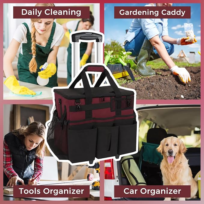 SCAVATA Rolling Cleaning Caddy Bag with Detachable Trolley, Large Cleaning Supplies Organizer with Wheels, Multi-Pocket Cleaning Cart with Adjustable Shoulder Strap for Housekeepers (Magenta)