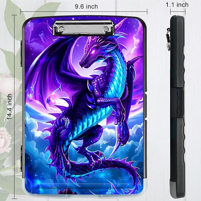 A4 Clipboard with Storage Pen Holder, Clipboards Organizer Nursing Clipboard Foldable File Folder Plastic Clipboard Folio Clip Board for Office Work Classroom Doctor, Galaxy Purple Dragon
