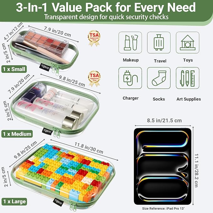 YQBRAO Clear Hard Shell Organizer Cases, 3-Pack, Green | Large, medium & small rigid PET organizers for home, travel, crafts and everyday organization