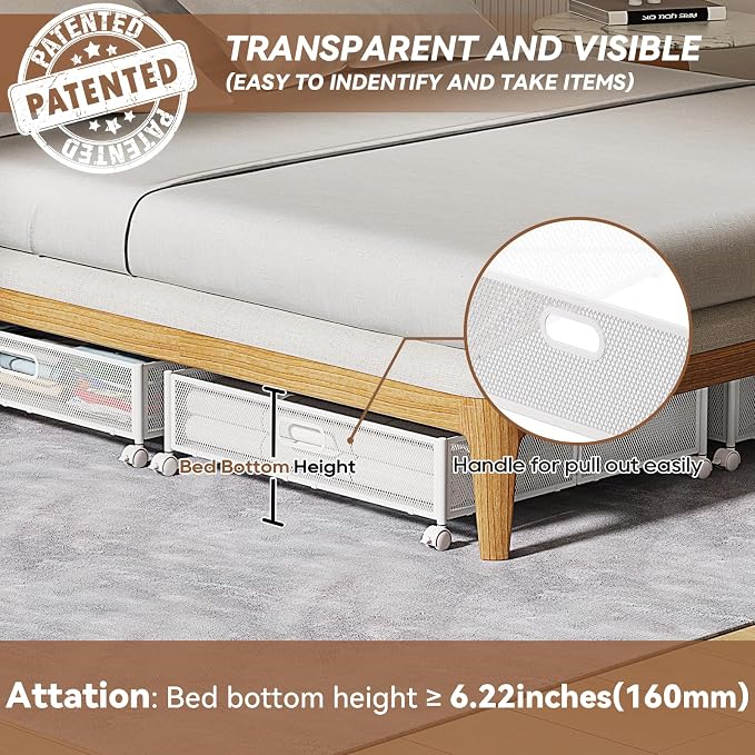 Under Bed Storage with Wheels & Handle,Metal,Large,4 Pack,White | Tool-free assembly,glide smoothly,easy reach,foldable,maxmazie low-profile beds,dorm,keep seasonal clothes,shoes,sockes fresh
