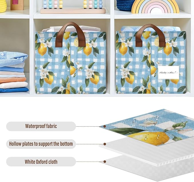 Light Blue Checkered Floral Lemon Storage Basket Foldable Cube Storage Bins with Handles&Label Waterproof Organizer Box Bin Large Rectangle Decorative Baskets for Shelves Home Room Laundry, 2 Pack