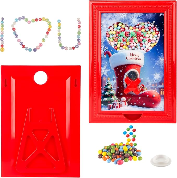 Candy Dispenser Picture Frame, Wall-Mount & Tabletop Gumball Machine with Multiple Designs for Candy, Nuts, Treats, Interactive Home and Office Decor (Christmas Boots, Red)