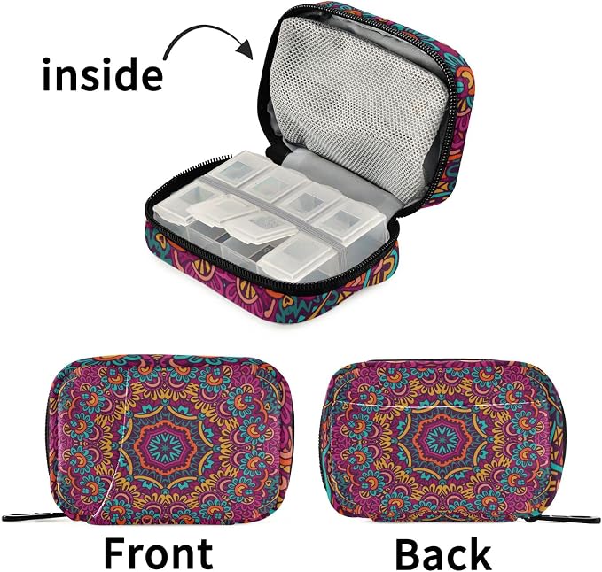 Tribal Mandala Pill Case, Cute Weekly Portable Pill Bag Container 7 Days Pill Box Organizer Vitamin Supplement Holder with Zipper for Travel Family Business