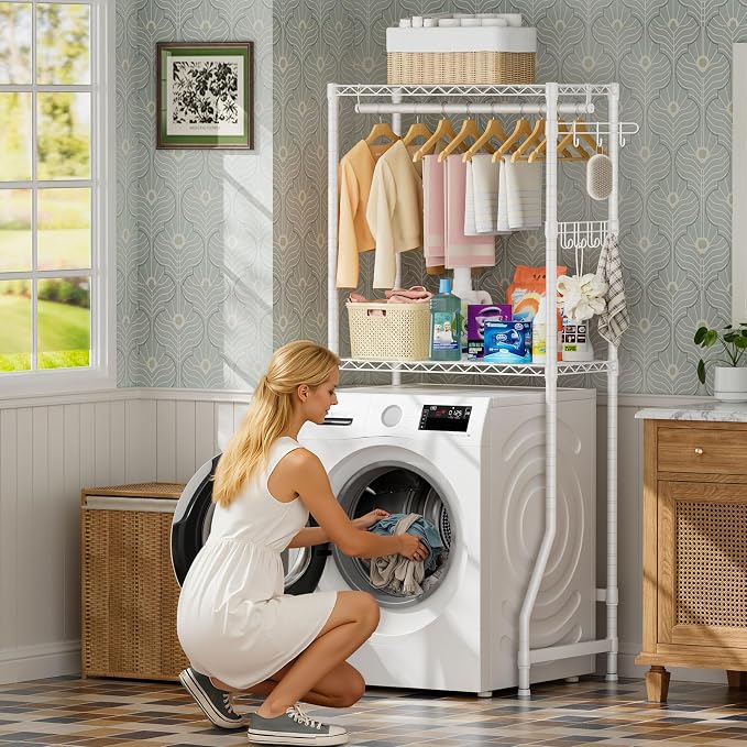 Golpart Laundry Organizer Shelves Over the Washer and Dryer Storage Shelf | Heavy Duty Laundry Room Organization Clothes Drying Rack Adjustable Height Wire Shelving and Wire Basket with Hanger Rod
