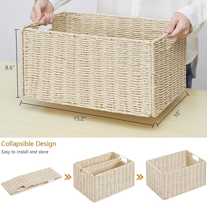 Vagusicc Wicker Storage Basket, Set of 2 Hand-Woven Paper Rope Wicker Basket, Small Storage Baskets for Organizing Toilet Paper Basket, Foldable Large Cube Storage Organizer Bins for Shelves (Beige)