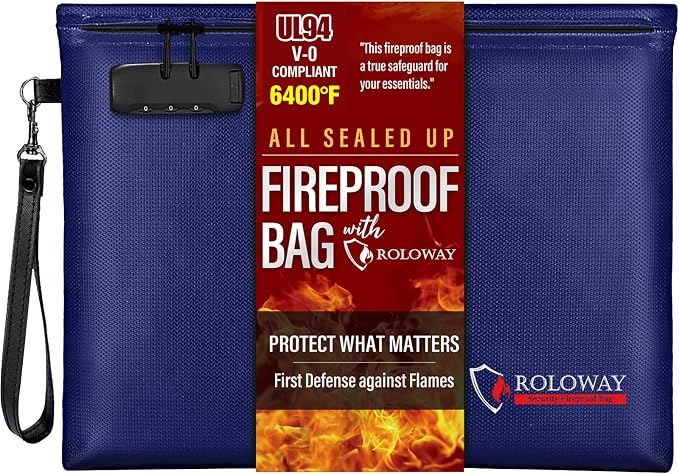 ROLOWAY Fireproof Document Bag (14.5 x 11.5 inch), 6400℉ Fireproof Money Bag with Zipper for Cash, Fire Safe Money Pouch with Lock (Blue)