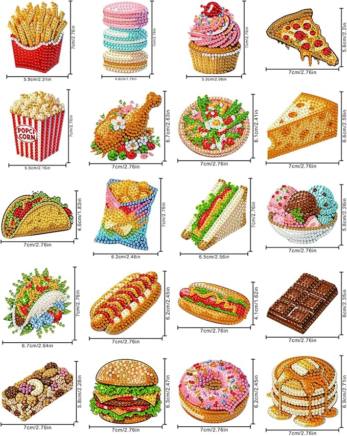 20pcs Gourmet Food 2D/Flat Acrylic DIY Diamond Painting Magnets | Fridge Magnets 20 Pieces Kit with Patterned Acrylic DIY Diamond Painting Magnets for Adults Beginners Home Decor