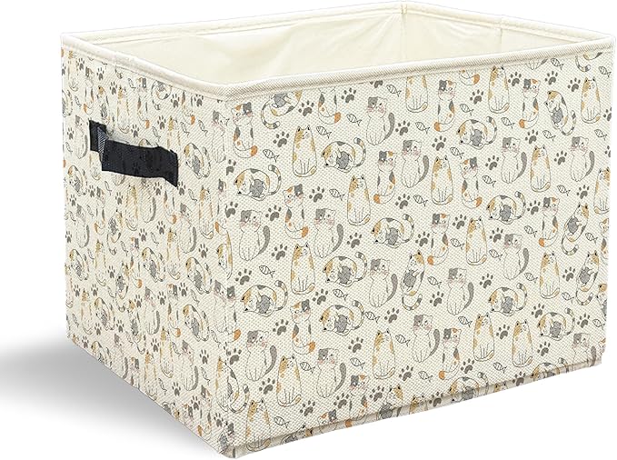 Cat Storage Bins with Handles, Cat Lover Gifts, Cute Paw Print Kitten Collapsible Laundry Basket Storage Box for Home Bedroom Bathroom Clothes Toys Books