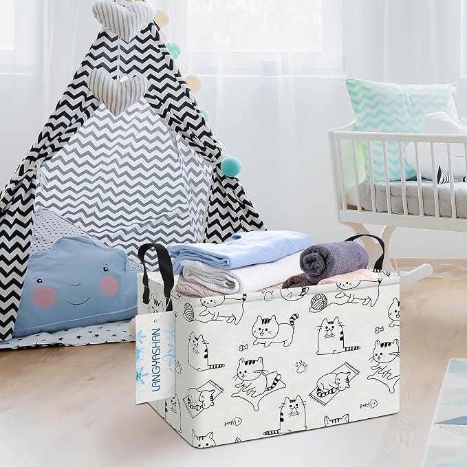 Rectangular Collapsible Cat Storage Basket Nursery Toy Organizer | Storage Bin Foldable Canvas with Handles for Organizing Home Kitchen Children Toys Office Closet Shelf Baskets