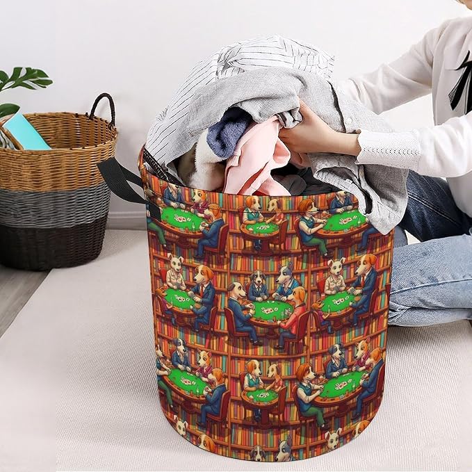 Waterproof Laundry Hamper with Handles Dogs Playing Poker Cards Library, Collapsible Basket for Clothing, Toy, and Towel Organization in Home and Nursery
