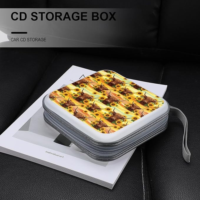 40-Disc CD/DVD Organizer Wallet Highland Cow Sunflowers, Heavy-Duty Hard Plastic Binder, Portable Storage Case with Carry Strap for Car
