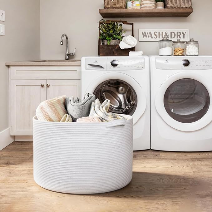 White Cotton Rope Storage Basket, 22" X 22" X 14" Extra Large Blanket Storage Living Room, XL Soft Toy Bin for Organizing, Woven Baby Laundry Basket with Handle, White Wicker Hamper Nursery