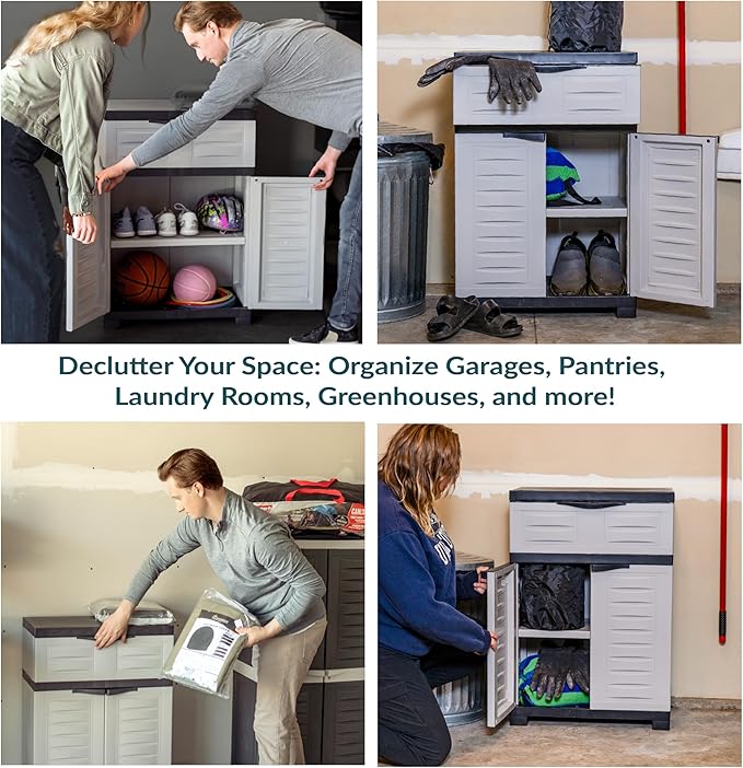 Sunnydaze 34.5" Garage Storage Cabinet with Adjustable Shelf, Gray | Heavy Duty Resin Storage Cabinet Resists Rust & Peeling, Utility Cabinet with Drawer & Anti-Tip Kit for Laundry, Office
