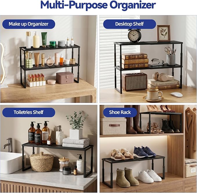 2 Packs Expandable Cabinet Shelf Organizer, Stackable Countertop Shelves | 15.8''- 25.5'' In Cabinet Shelf, Adjustable Kitchen Cabinet Organizer for Pantry Organizer, CupBoard Organizers and Storage