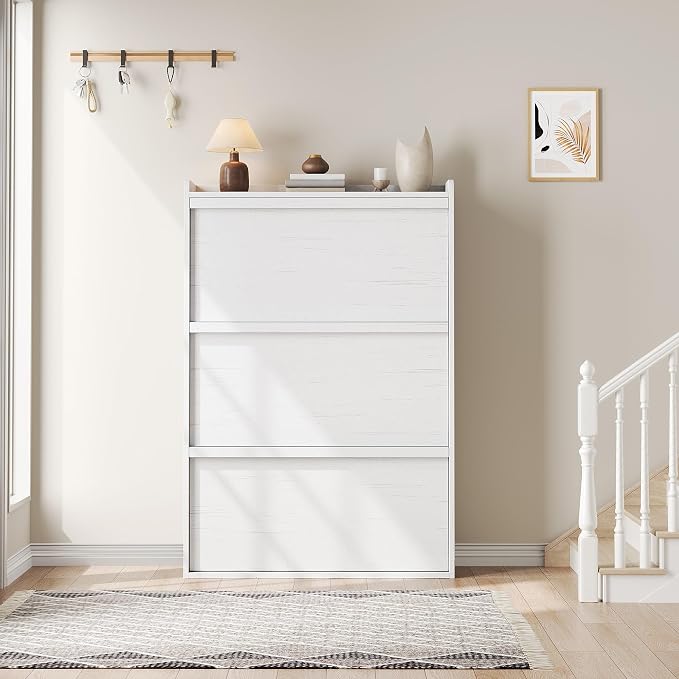 GarveeHome Shoe Cabinet with 3 Flip Drawers, Wooden Shoe Organizer with Adjustable Shelf, Shoe Storage for Entryway, Hidden Shoe Cabinet for Hallway, Living Room, White