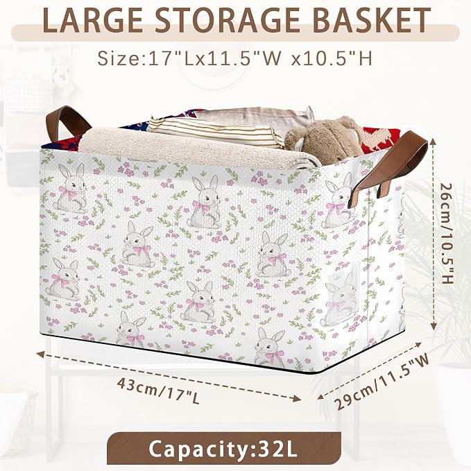 Spring Bunny & Floral Storage Basket Large 17x11.5x10.5 Inche-Collapsible Fabric Organizer Bin with Handles for Easter Decor, Garden Theme -Decorative Hamper with Rabbit and Flower Design-Single Pack