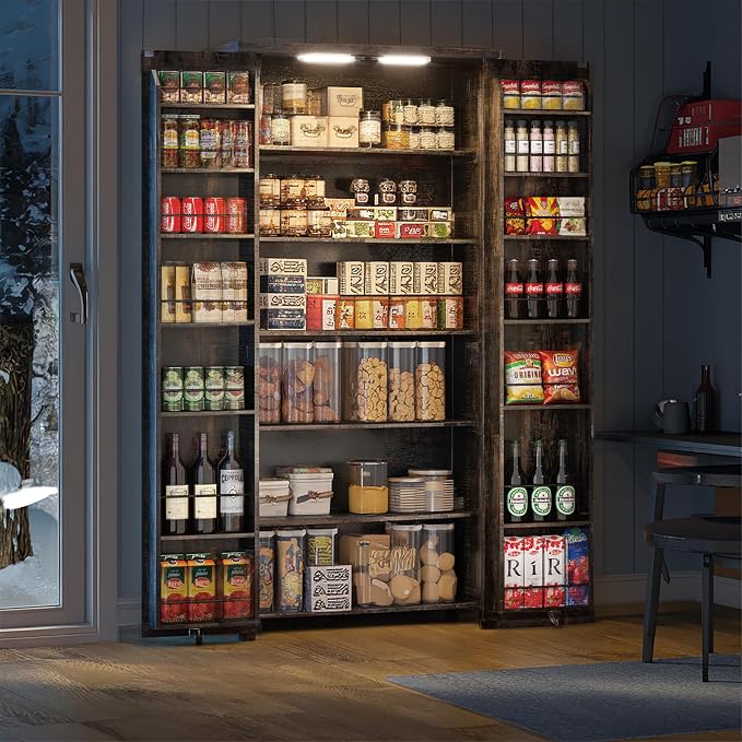 Furnaza Farmhouse 72" H Kitchen Pantry Cabinet with Adjustable Shelves | LED Craft Storage Cabinet Cabinet with 2 Barn Doors for Craft Room,Dining Room,Living Room,Home Office,16"D x 30"W