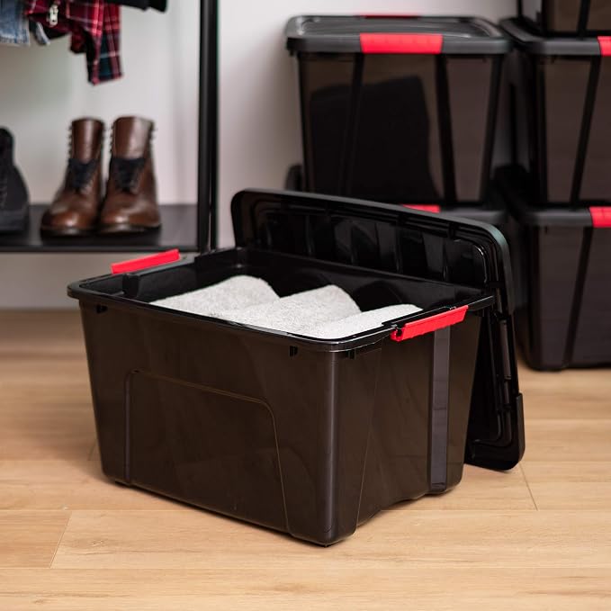 IRIS USA 6-Pack 40 Quart Storage Bins with Lids, Black | Black finish conceals stored items. Perfect for moving, blankets, clothing, and garage storage. Nestable design saves space