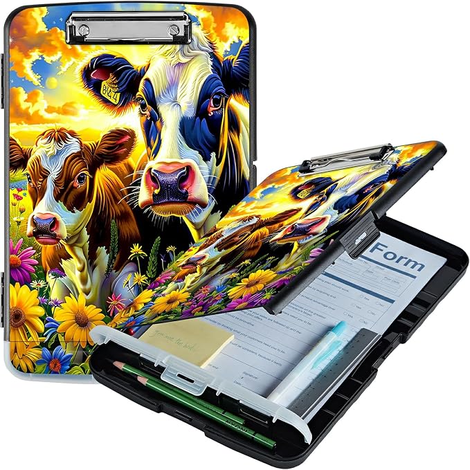 Purple Flower Cow A4 Clipboard with Storage Pen Holder, Clipboards Organizer Nursing Clipboard Foldable File Folder Plastic Clipboard Folio Clip Board for Office Students Classroom Doctor