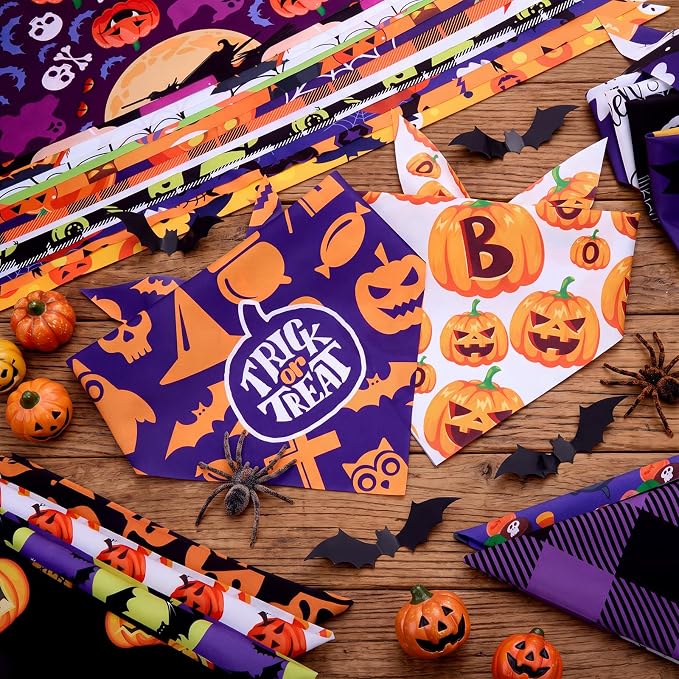 Sanwuta 60 Pcs Halloween Dog Bandanas Bulk Pet Bibs Scarf, Pumpkin Large | Adjustable Dog Bandanas, Triangle Scarf Holiday Pet Costume, Fits Small to Large Pet
