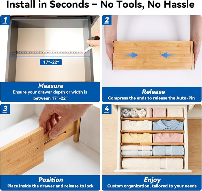 4 Pack 8" Deep Bamboo Drawer Dividers, 17-22" Expandable Kitchen Organizers | Adjustable Spring-Loaded Tension Separators with Foam Pad for Clothes, Utensils, Kitchen, Dresser, Nursery & Bathroom