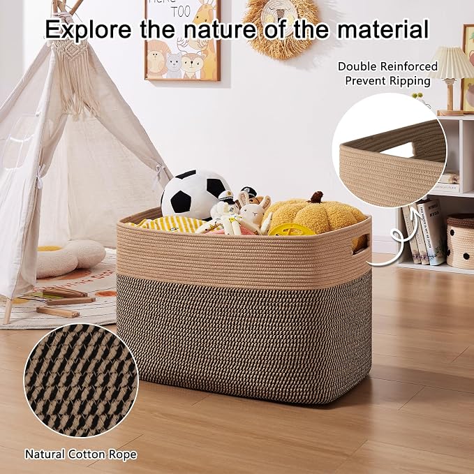 OIAHOMY 108L Extra Large Blanket Basket Dog Toy Basket Yellow | Rectangle Woven Baskets for Storage Cotton Rope Basket For Living Room Toy Storage Blanket Storage Laundry Basket