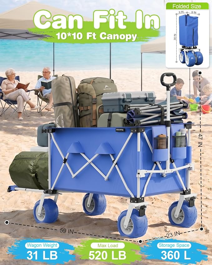 59"L Beach Wagon with 9×4" Big Sand Wheels, Expandable Tailgate | Heavy Duty Collapsible Utility Cart with 9" All-Terrain Non-inflatable Balloon Wheels for Beach Camping Baseball Fishing