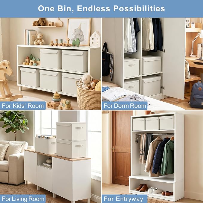 Large 22 Quart [4-Pack] Linen Fabric Foldable Storage Bin Cube Organizer Basket with Flip-Top Lid & Handles, Clothes Blanket Box for Home, Office, Closet (14.6 x 9.5 x 9.5, Beige)