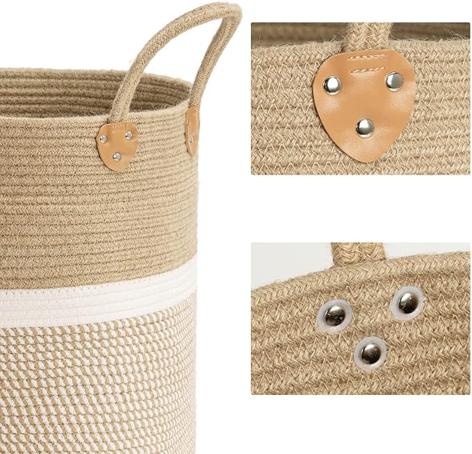 CHICVITA Large Wicker Storage Basket with Leather Handles, 16" x 16", White | Decorative Woven Basket for Toys, Shoes, Blankets & Laundry Storage, Living Room & Bedroom Organizer, Indoor Plant Basket