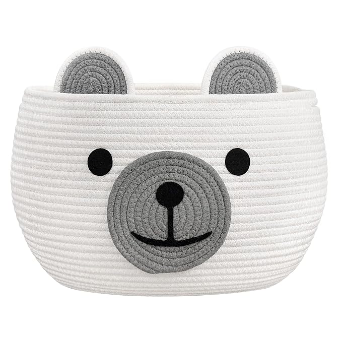 CherryNow Large Baby Basket for Gifts Empty, Cute Bear Design, White | 15.7" x 10.5" Baby Shower Basket With Handles, Cotton Rope Basket for Toys Diaper Caddys Storage, Fits Living Room Nursery