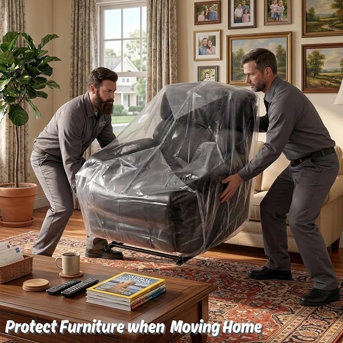 Wowfit 4mil Furniture Cover for Moving, Chair Storage Bag, 34Wx42Dx65/48H | With Tape Strips & Labels, Clear, Heavy Duty, Waterproof, Dustproof, Reusable, Recliner/Accent Chair, Patio/Garage, Pet Guard