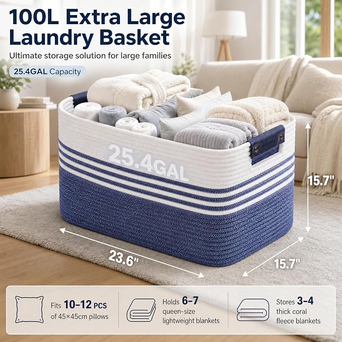 Cotton Rope Laundry Basket Extra Large, 25.4GAL Collapsible Woven Storage Baskets for Living Room Kids Toys Stuffed Animal,Boho Rectangular Decorative Hamper for Dirty Clothes, Blankets Denim Blue