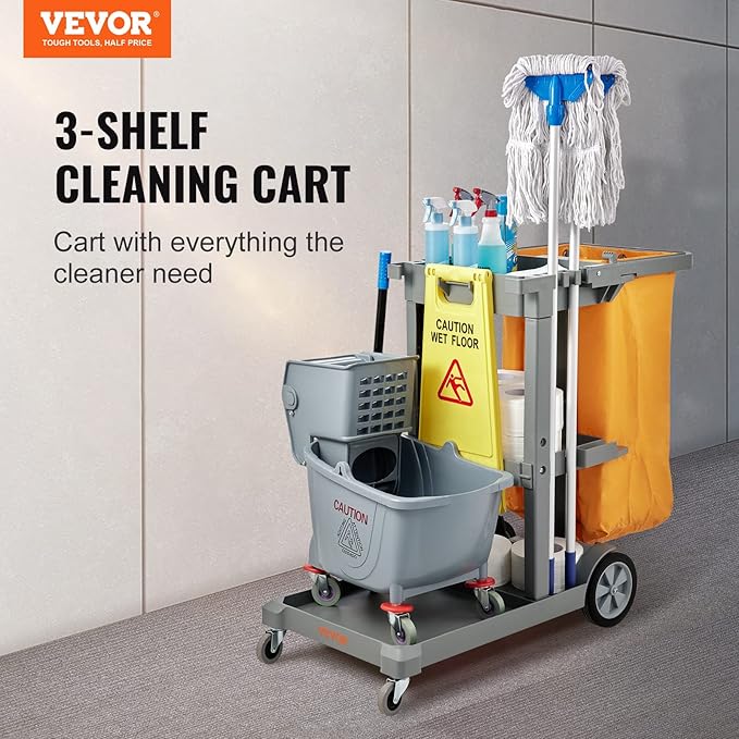 VEVOR Cleaning Cart, 3-Shelf Commercial Janitorial Cart, 200 lbs Capacity Plastic Housekeeping Cart, with 25 Gallon PVC Bag, 47" x 20" x 38.6", Yellow+Grey
